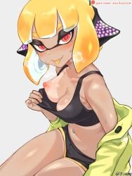 1girls agent_4_(splatoon) blush bra breasts dolphin_shorts female female_only horny inkling inkling_girl jtveemo looking_at_viewer nipples one_breast_out patreon shorts sitting small_breasts solo splatoon tanline tongue_out