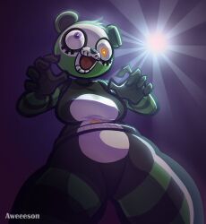 aweeeson bear black_fur breasts fortnite green_fur looking_at_viewer purple_eyes spooky_team_leader tagme thick_thighs viewed_from_below wide_hips yellow_eyes