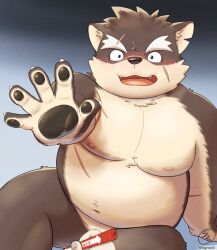 5groo5 anthro belly blush brown_body brown_fur canid canine canis domestic_dog eyebrows fupa fur hi_res lifewonders male male_only mammal moritaka musclegut navel nipples nude overweight pecs thick_eyebrows tokyo_afterschool_summoners