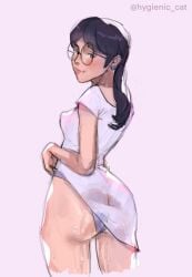 ass bangs big_ass cute dress dress_lift earrings glasses humiliation hygienic_cat kinktober long_hair looking_at_viewer looking_back nipple_bulge nipple_outline no_bra original_character purple_hair pussy_juice pussy_juice_drip smile wet wet_clothes wet_panties wet_pussy