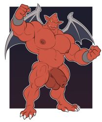 2023 4_fingers 4_toes analon_(artist) anthro balls capcom claws demon's_crest feet fingers firebrand flaccid gargoyle genitals ghosts_'n_goblins hi_res humanoid_genitalia humanoid_penis male male_only muscular navel nipples nude penis red_arremer red_body simple_background solo teeth toes toomanyboners wings yellow_sclera