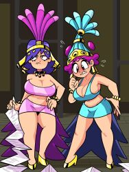 2girls ami big_breasts black_eyes blush bracelet choker cleavage crop_top fangs hand_on_hip hat headgear hi_hi_puffy_amiyumi high_heels holding_object necklace pink_eyes pink_hair purple_hair sideboob skirt superspoe tagme thick_thighs wide_hips yumi