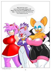 3girls amy_rose asmartboy big_breasts blaze_the_cat boob_window breast_envy clothed female female_only huge_breasts multiple_girls no_bra no_breasts rouge_the_bat sideboob sonic_(series)