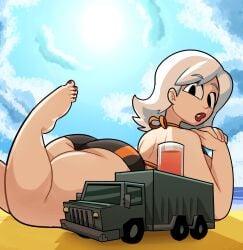 ass beach bikini black_eyes dreamworks giantess ginormica glass lying lying_down monsters_vs_aliens red_lipstick redraw superspoe susan_murphy tagme thick_thighs truck white_hair wide_hips