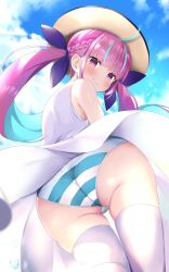 ass back blue_hair blush clothes_lift colored_inner_hair dress dress_lift female gesugesu_ahoaho has_bad_revision has_cropped_revision hat highres hololive hololive_gen_2 hololive_japan looking_at_viewer md5_mismatch minato_aqua multicolored_hair panties pantyshot purple_eyes purple_hair resolution_mismatch sleeveless sleeveless_dress solo source_smaller striped striped_panties thighhighs twintails underwear virtual_youtuber white_dress white_thighhighs