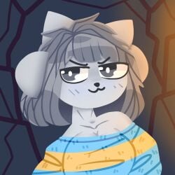 1girls 2023 2d 2d_(artwork) 2d_artwork :3 alternate_version_available animal_ears big_breasts blush clothed collarbone color female female_only grey_fur grey_hair photef simple_background smirk solo sweater temmie_(undertale) undertale undertale_(series)