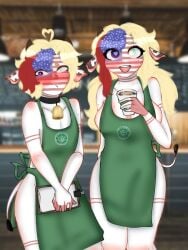 1boy 1girls @nairumrum barista countryhumans countryhumans_girl employee employee_uniform female femboy iced_latte_with_breast_milk long_hair male markings multicolored_hair short_hair starbucks united_states_of_america_(countryhumans) yellow_hair