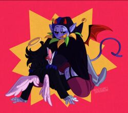 angel_wings blush deltarune demon_horns demon_wings gay halo jevil_(deltarune) lingerie sexrainbow spamton_g_spamton tail