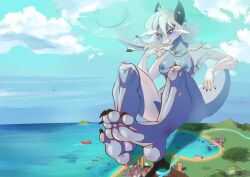 4_toes aly blue_body breasts cel_shading city city_crushing crush ear_piercing evil_grin feet female fish foot_fetish foot_focus foreshortening green_eyes grin hair hi_res hindpaw invalid_tag landscape landscape_background macro marine nude paws piercing sadistic_smile sea seaside shaded shark sitting smile smolspearrow solo toes tomboy water white_body white_hair