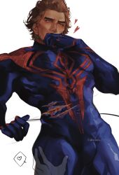 ambiguous_gender blood bulge charluiu flaccid hand_on_thigh hispanic_male horny latino male_only marvel miguel_o'hara scratch_marks skintight_bodysuit small_waist solo solo_male spider-man:_across_the_spider-verse spoken_heart tagme