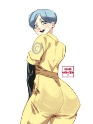 1girls ass ass_focus big_ass blue_eyes blue_hair blush bulma_briefs clothing dat_ass dragon_ball female female_only hair huge_ass jumpsuit kamii_momoru large_ass looking_at_viewer looking_back mature mature_female mature_woman milf mother short_hair smile smiling solo solo_female tagme yellow_jumpsuit