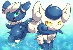 anthro ass balls blush breasts duo fangs female generation_6_pokemon genitals looking_at_viewer male meowstic mincheeto nintendo partially_submerged pokemon pokemon_(species) teeth