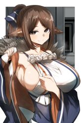 1girls 2023 :) animal_ear_fluff animal_ears arknights arm_up armpits big_breasts breasts brown_eyes brown_hair busty cleavage collarbone curvaceous curvy enormous_breasts female female_only fox_ears fox_girl fur-trimmed_jacket fur_trim giant_breasts gigantic_breasts gin_moku hair_ribbon hi_res huge_breasts hyper_breasts jacket kemonomimi large_breasts light-skinned_female light_skin looking_at_viewer massive_breasts naughty_face naughty_smile perfumer_(arknights) ponytail pulling_clothing revealing_breasts ribbon seductive seductive_eyes seductive_gaze seductive_look seductive_mouth seductive_smile sideboob smile solo solo_female steam upper_body voluptuous waist wasp_waist