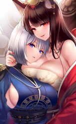 2girls akagi_(azur_lane) akagi_(dawn_phoenix's_summons)_(azur_lane) animal_ear_fluff animal_ears azur_lane bare_shoulders blue_dress blue_eyes breast_pillow breast_squeeze breasts brown_hair brown_tail cleavage dress eyes_visible_through_hair eyeshadow fox_ears fox_girl fox_tail gold_trim head_on_breasts highres huge_breasts japanese_clothes kaga_(azur_lane) kaga_(dusk-simurgh's_vigil)_(azur_lane) kimono kitsune kyuubi large_breasts light-skinned_female light_skin long_hair looking_at_viewer makeup multiple_girls multiple_tails nail_polish official_alternate_costume open_clothes open_kimono orange_eyes red_eyeshadow red_kimono red_nails sakura_empire_(azur_lane) sideboob skindentation tail tail_ornament upper_body white_tail yukinimaru yuri