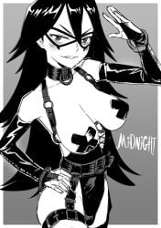 black_and_white breasts_out female hand_up henchan45 hero_outfit_(mha) mask midnight_(my_hero_academia) milf my_hero_academia pasties pinup smiling solo superhero tagme