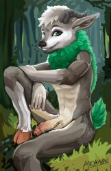 anonanim anonanime_(artist) anthro anthrofied athletic forest forest_background generation_6_pokemon genitals half-erect hands_on_knee hands_on_leg hooves humanoid_genitalia humanoid_penis knee_pulled_up looking_at_viewer male nature nature_background navel nintendo nipples nude penis plant planted_leg pokemon pokemon_(species) sitting sitting_on_ground skiddo solo tree