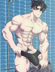 1boy big_penis black_underwear bulge_through_clothing bulge_under_clothes erection genshin_impact hoyoverse male male_only muscular penis penis_peek scar shower solo thighs tight_clothing tight_underwear underwear underwear_bulge wriothesley_(genshin_impact)