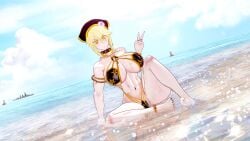 1girls abs artoria_pendragon_(lancer_alter) beach big_breasts big_thighs blonde_hair breasts busty cleavage fate/grand_order fate_(series) female huge_breasts huge_thighs knshin koikatsu large_breasts large_thighs looking_at_viewer muscular navel orange_eyes swimsuit thick_thighs thighs v_sign voluptuous