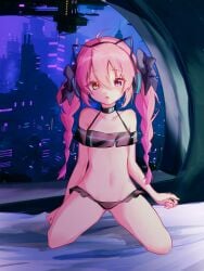 blush blush_lines blushing blushing_at_viewer brown_eye cat_ear_headphones cat_headphones heterochromia kneeling kuzumi_(phigros) phigros pink_eye pink_hair ponytails tagme xiaolin