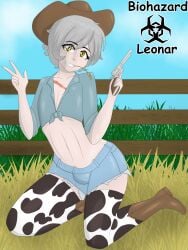 1boy biohazardleonar bulge bulge_through_clothing cowboy cowboy_hat farm femboy gun male male_only solo yuuto