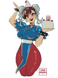 2023 athletic athletic_female big_breasts birthday birthday_cake black_hair breasts brown_eyes brown_legwear brown_pantyhose bun_cover cake capcom chinese_clothes chun-li cleavage collar cute female female_only fit fit_female grey_background hair_buns hi_res highlights_(coloring) hose kamii_momoru looking_at_viewer narrow_waist open_mouth pantyhose pelvic_curtain simple_background smile smiling street_fighter thick_thighs tight_clothing tights tongue_out