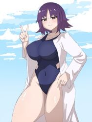 big_breast big_breasts blue_swimsuit blue_swimwear brown_eyes game_freak huge_breast huge_breasts lab_coat labcoat large_breast large_breasts looking_at_viewer nintendo one-piece_swimsuit one_piece_swimsuit peace_sign philena_ivy pokemon pokemon_gsc pokemon_hgss pokemon_orange_islands pokemon_professor pokemon_rgby purple_hair purple_hair_female sky swimsuit swimwear thick_thighs v wide_hips