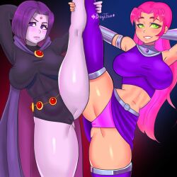 2020 2girls alien alien_girl belt bracelet breasts cape cloak clothing dc dc_comics dogiflan female female_only green_eyes grey_skin leotard long_hair long_hair_female multiple_girls nipples_visible_through_clothing orange_skin outerwear purple_eyes purple_hair rachel_roth raven_(dc) red_hair short_hair short_hair_female short_skirt shy skirt splits standing_on_one_leg starfire teen_titans