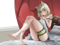 1girls 2023 animal_ear_fluff animal_ears arknights ass bare_legs barefoot bed bedroom black_panties blush cat_ears catgirl covering embarassed feet feet_up green_eyes green_hair hi_res kal'tsit_(arknights) kemonomimi legs light-skinned_female light_skin panties pillow pussy_visible_through_clothes sama24654684 sitting solo thighs toes