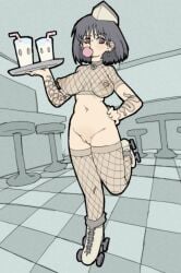 big_breasts black_hair breasts fishnet_legwear fishnet_shirt goth goth_girl instagram meme milk milkcord milkshake milkshake.mp3 pantsu_ripper pink_eyes sassy tattoo tattooed_arm tattoos vanessa(milkshake.mp3) waitress waitress_uniform