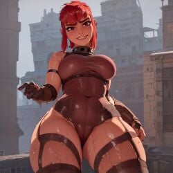 ai_generated arms_behind_head boobs breasts cameltoe chest_belt curvaceous female female_focus female_only netflix nimona nimona_(nimona) red_hair stable_diffusion thick_thighs tight_clothing toned_female toned_stomach