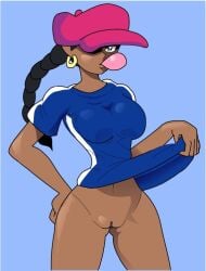 1girls abigail_lincoln aged_up black_hair braided_ponytail bubble_gum carliabot cartoon_network codename:_kids_next_door dark-skinned_female dark_skin female flashing_pussy hourglass_figure long_hair numbuh_5 one_eye_closed presenting_pussy pussy young