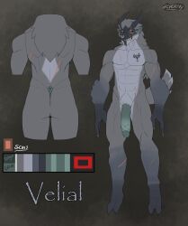 2023 abs absurd_res anthro ass black_sclera canid canine claws collarbone demon fingers fur genitals glans grey_body grey_butt grey_fur grey_tail hi_res horn male mammal model_sheet nude pecs penis red_eyes roadiesky teeth velial_(roadiesky)