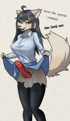 ahoge animal_genitalia animal_penis anthro balls bedroom_eyes black_hair blue_bottomwear blue_clothing blue_shirt blue_skirt blue_topwear bodily_fluids bottomwear canid canine canine_genitalia canine_penis clothed clothing clothing_lift collared_shirt dialogue erection fox fur futanari genital_fluids genitals gynomorph hair hi_res intersex legwear lionblaze275 mammal motion_lines narrowed_eyes nipple_outline open_mouth penis precum presenting presenting_penis red_eyes seductive shirt skirt skirt_lift smile solo standing talking_to_viewer tan_body tan_fur teeth text thigh_highs topwear