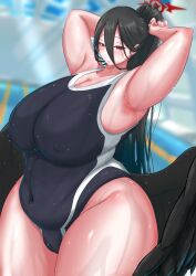 1girls big_breasts black_hair black_wings blue_archive breasts busty chubby chubby_female curvaceous curvy curvy_body curvy_female curvy_figure female female_only hasumi_(blue_archive) huge_breasts justice_task_force_(blue_archive) large_breasts light-skinned_female light_skin long_hair ponytail red_eyes school_swimsuit solo suriring_0426 swimsuit thick_thighs thighs trinity_general_school_student voluptuous wings