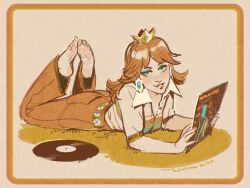 1girls 70's_theme barefoot bell_bottoms_(pants) blush carpet clothed_female crown feet lidded_eyes looking_at_viewer mario_(series) on_floor princess_daisy record soles solo_female vinyl_record wintonkidd