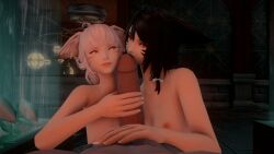 3d big_cock black_hair cock_worship final_fantasy final_fantasy_xiv gpose(ffxiv) handjob huge_cock kissing_tip looking_at_another looking_at_viewer miqo'te pink_eyes pink_hair ponytail red_eyes short_hair smug_face threesome tip_kissing tits_out