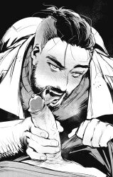 2023 2boys agent_p-3 atomic_heart bara barazoku beard blowjob clothing erection facial_hair gay hairy hi_res highres male male/male male_focus male_only male_pubic_hair manly monochrome muscular_male penis precum precum_drip so4_(artist) yaoi