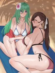 2girls alternate_breast_size alternate_costume ass bare_shoulders big_breasts bikini blue_eyes blush breasts brown_bikini brown_eyes brown_hair brown_swimsuit cleavage collarbone commission female female_only fire_emblem fire_emblem:_path_of_radiance fire_emblem:_radiant_dawn fire_emblem_fates flower green_hair hair_flower hair_ornament hair_over_one_eye highres jacket kagero_(fire_emblem) large_breasts long_hair looking_at_viewer looking_back multiple_girls nephenee_(fire_emblem) nintendo oyatsu_0 palm_tree pink_bikini ponytail shadow side-tie_bikini_bottom sideboob swimsuit tree white_bikini white_swimsuit