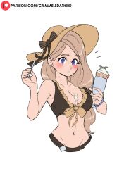 1girls accident alternate_costume bikini blue_eyes blush breasts brown_bikini brown_hair brown_swimsuit cleavage clumsy female female_only fire_emblem fire_emblem:_three_houses fire_emblem_heroes food food_play glass grimmelsdathird hair_over_shoulder hat ice_cream long_hair medium_breasts mercedes_von_martritz nintendo official_alternate_costume shocked side_ponytail solo spoon sun_hat swimsuit