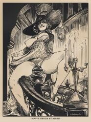 alcina_dimitrescu banister black_and_white breasts breasts_out candelabra capcom caption dress dress_aside gibson_girl hat hatching_(art) large_hat looking_at_viewer low-angle_view masturbation monochrome object_insertion pussy resident_evil resident_evil_8:_village retro_artstyle text vampire wintonkidd