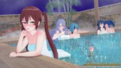 3d 5girls aqua_hair ass barefoot beruka_(fire_emblem) blue_hair breasts camilla_(fire_emblem) cynthia_(fire_emblem) female female_only fire_emblem fire_emblem_awakening fire_emblem_fates hair_over_one_eye headband jollyoldsoldier long_hair lucina_(fire_emblem) multiple_girls naked_towel nintendo onsen partially_submerged purple_hair red_hair selena_(fire_emblem_fates) severa_(fire_emblem) short_hair siblings sisters towel twintails