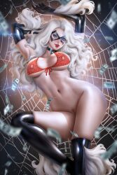 1girls absurd_res areolae ayyasap bikini_top black_cat_(marvel) felicia_hardy female_focus female_only hi_res huge_breasts latex_gloves latex_thighhighs long_hair marvel marvel_comics nipple_bulge pink_nipples seductive_look spider-man_(series) voluptuous voluptuous_female white_hair