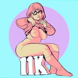 breasts breasts_out flashing_breasts glasses looking_at_viewer milestone_celebration orange_sweater scooby-doo sitting text thighs velma_dinkley wintonkidd