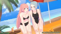 2girls 3d alternate_costume beach beach_chair bikini bikini_skirt black_bikini black_one-piece_swimsuit black_swimsuit blue_hair breasts cleavage crab drink felicia_(fire_emblem) female female_only fire_emblem fire_emblem_fates flora_(fire_emblem) jollyoldsoldier long_hair maid multiple_girls navel nintendo one-piece_swimsuit outdoors pink_hair ponytail sisters swimsuit twins twintails