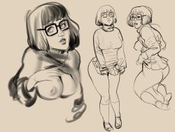 ass breasts breasts_out glasses looking_at_viewer miniskirt monochrome scooby-doo sketch velma_dinkley wintonkidd