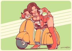 1girls bent_over boots breasts cappy_(mario) cleavage female high_heel_boots looking_at_viewer mario_(series) pauline racing_suit red_boots scooter seductive seductive_pose solo_female super_mario_odyssey thigh_boots vespa_(vehicle) wintonkidd