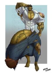 abs barefoot feet hyper hyper_balls hyper_cock hyper_genitalia hyper_penis hyper_testicles krinkyuu male male_only muscles muscular muscular_arms muscular_male muscular_thighs pecs ripped_clothing ripped_pants