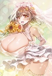 1girls atelier_(series) atelier_ryza bangs bridal_gauntlets bride brown_hair cleavage cleavage_cutout dress elbow_gloves eyebrows_visible_through_hair female frills garter_straps hair_ornament hairclip huge_breasts light-skinned_female light_skin looking_at_viewer manyuu_kaeru_tasuke_sansei medium_hair open_mouth reisalin_stout side_view skindentation solo standing straight_hair thick_thighs thighhighs wedding_dress yellow_eyes