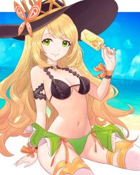 1girls absurdres alternate_costume arm_support bare_shoulders beach bikini black_bikini black_headwear black_swimsuit blonde_hair breasts celine_(fire_emblem) cleavage commentary female female female_only fire_emblem fire_emblem_engage food green_bikini green_eyes green_swimsuit hand_up hat highres holding holding_food looking_at_viewer medium_breasts navel nintendo ocean orange_ribbon popsicle ribbon sitting smile solo stomach sun_hat swimsuit thighs truejekart water wrist_ribbon