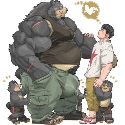 anthro bear big_bulge big_muscles black_body black_fur black_hair blush bodily_fluids body_hair bottomwear brown_body brown_fur bulge chan_kiti_chan_(artist) clothed clothing embrace erection erection_under_clothing eye_contact facial_scar family father_(lore) father_and_child_(lore) father_and_son_(lore) fur genitals group hair hand_holding happy_trail headgear headwear heart hi_res holding_partner hug human human_on_anthro interspecies larger_anthro larger_male looking_at_another male mammal multicolored_body multicolored_fur musclegut muscular muscular_anthro muscular_male open_bottomwear open_clothing open_mouth open_pants pants parent_(lore) parent_and_child_(lore) parent_and_son_(lore) pecs penis pubes romantic romantic_couple saliva scar security security_guard sharp_teeth shirt shorts size_difference smaller_human smaller_male son_(lore) tank_top teeth tongue topwear